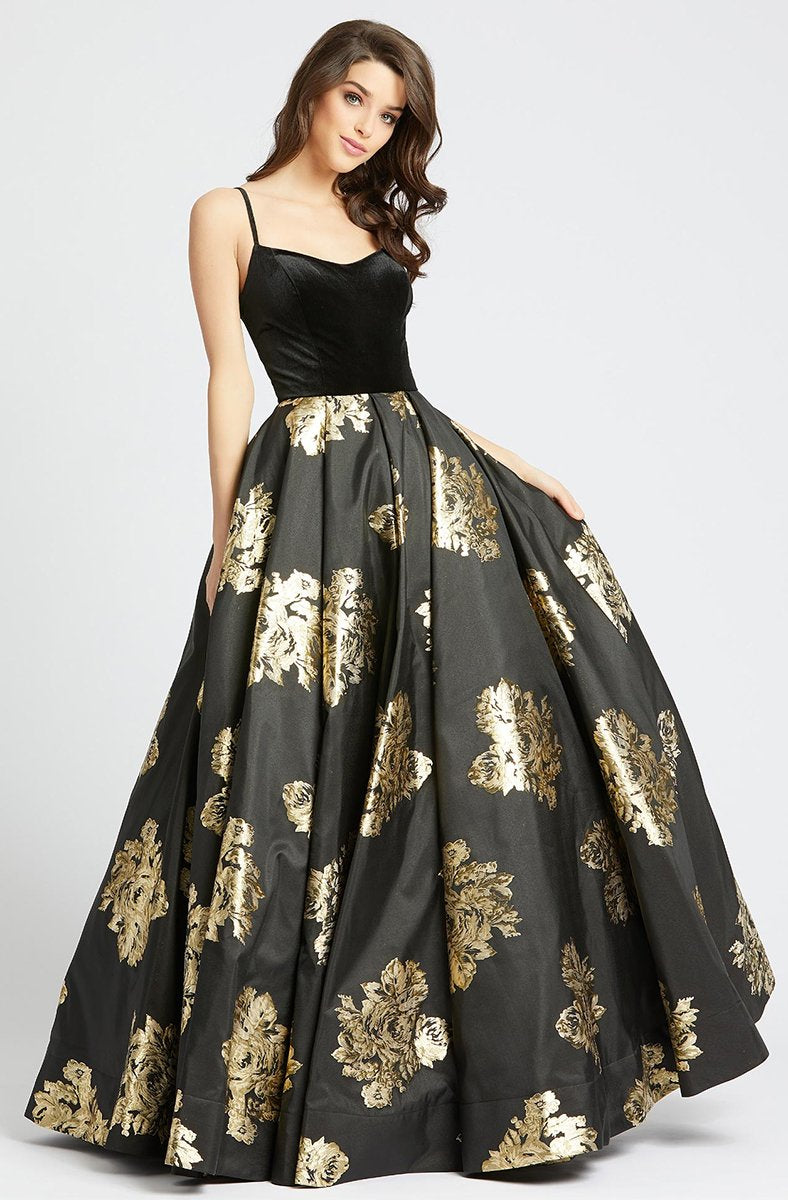 Ieena Duggal - 25955I Velvet Scoop Satin Gold Patterned Gown in Black and Gold