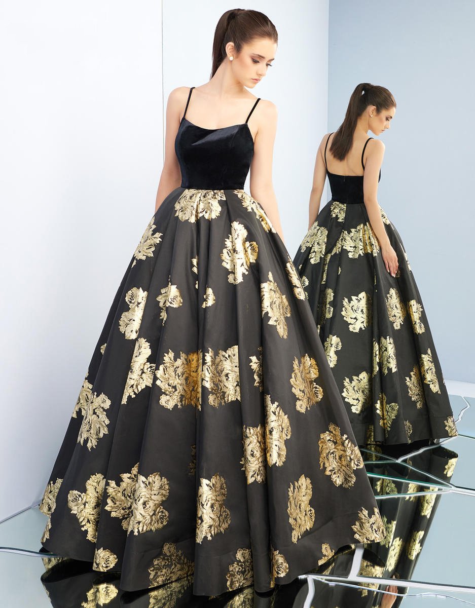 Ieena Duggal - 25955I Velvet Scoop Satin Gold Patterned Gown in Black and Gold