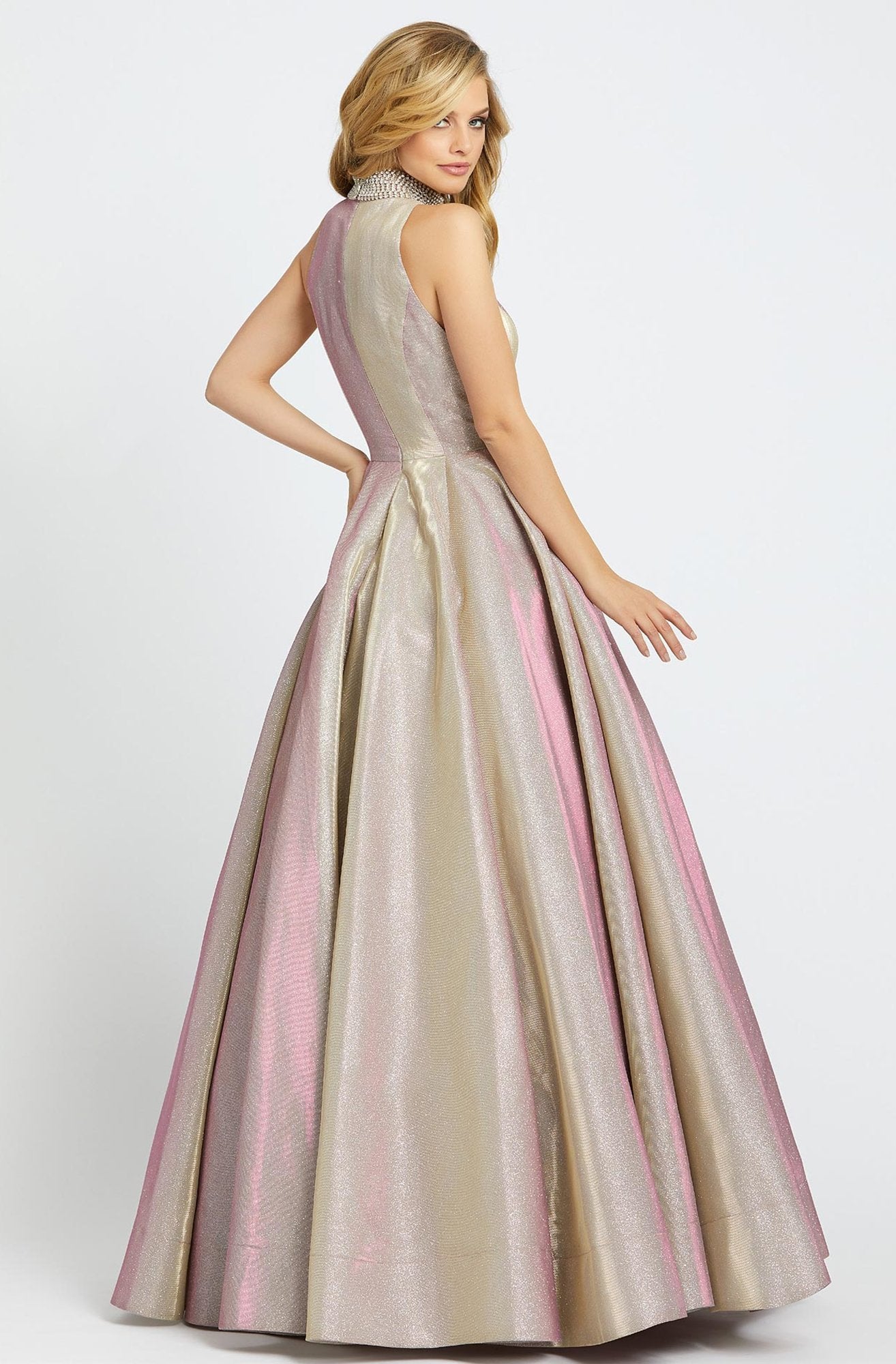 Ieena Duggal - 25957I Beaded High Halter Metallic Ballgown in Pink