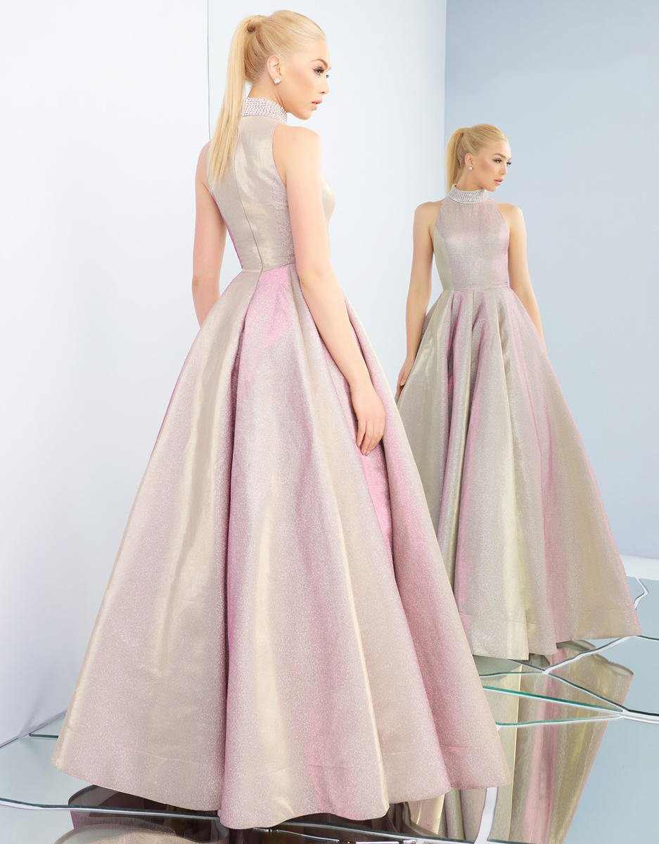 Ieena Duggal - 25957I Beaded High Halter Metallic Ballgown in Pink