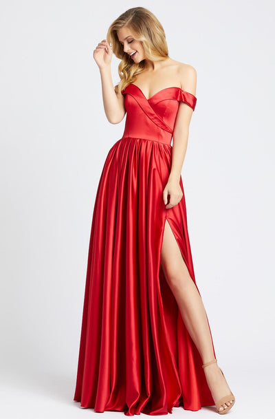 Ieena Duggal - 25958I Off Shoulder A-Line High Slit Prom Gown In Red