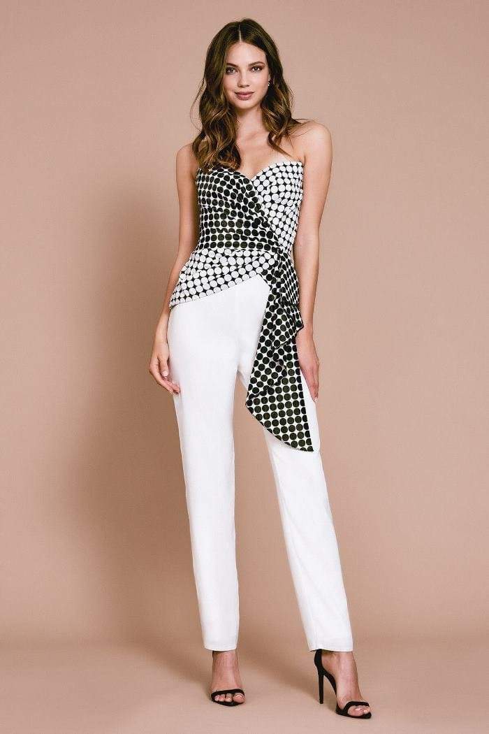 Tadashi Shoji - Polka Dot Printed V-Neck Jumpsuit Pageant Dresses 00 / White/Black