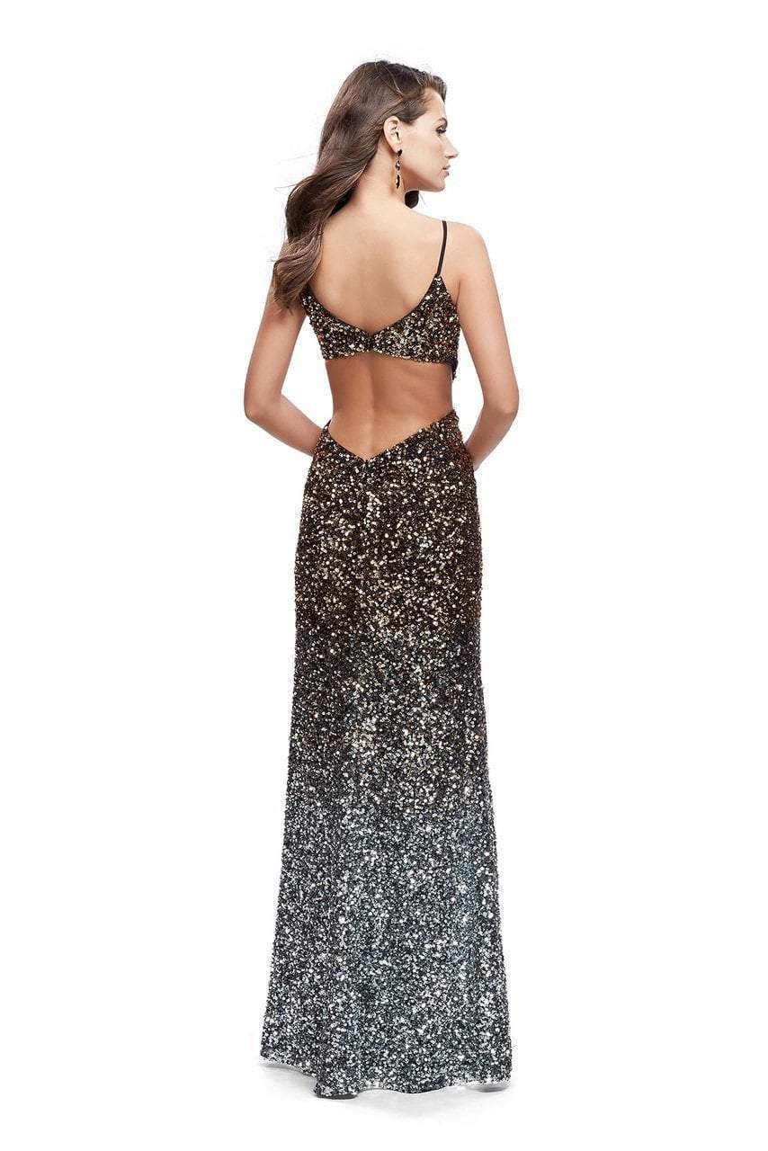La Femme - Plunging Ombre Sequined Slit Evening Gown 26000 In Silver and Gold