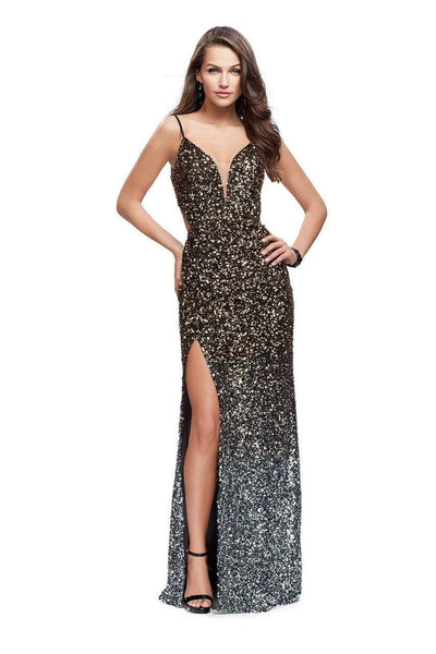 La Femme - Plunging Ombre Sequined Slit Evening Gown 26000 In Silver and Gold