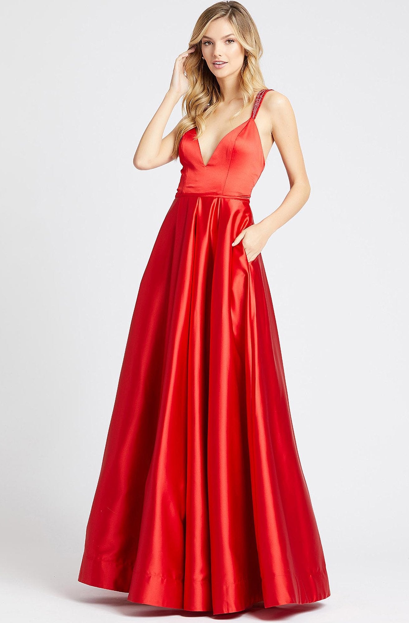 Ieena Duggal - 26053I Embellished Deep V-neck A-line Dress In Red
