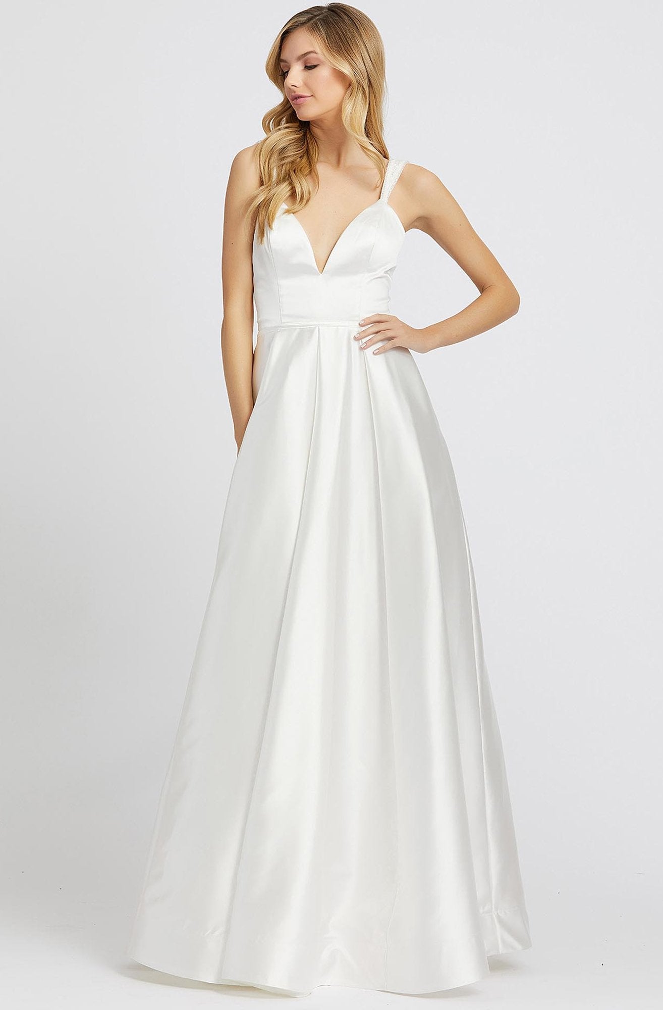 Ieena Duggal - 26053I Embellished Deep V-neck A-line Dress In White