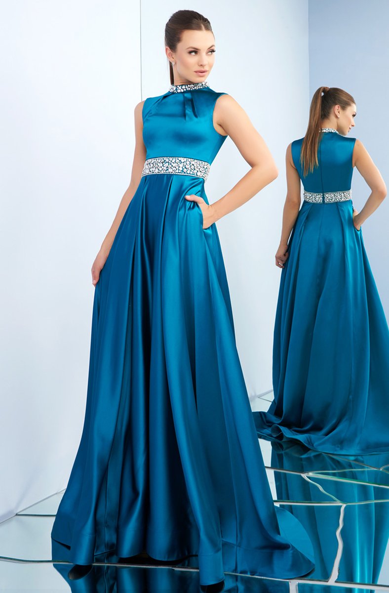Ieena Duggal - 26063I Bejeweled High Neck Glossy A-Line Gown In Blue and Green