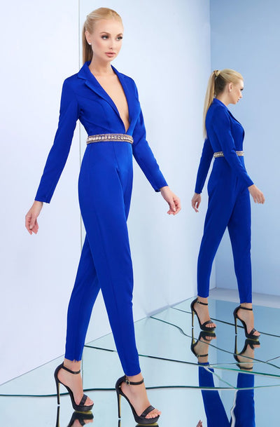 Ieena Duggal - 26071I Long Sleeve Deep V-neck Jumpsuit In Blue