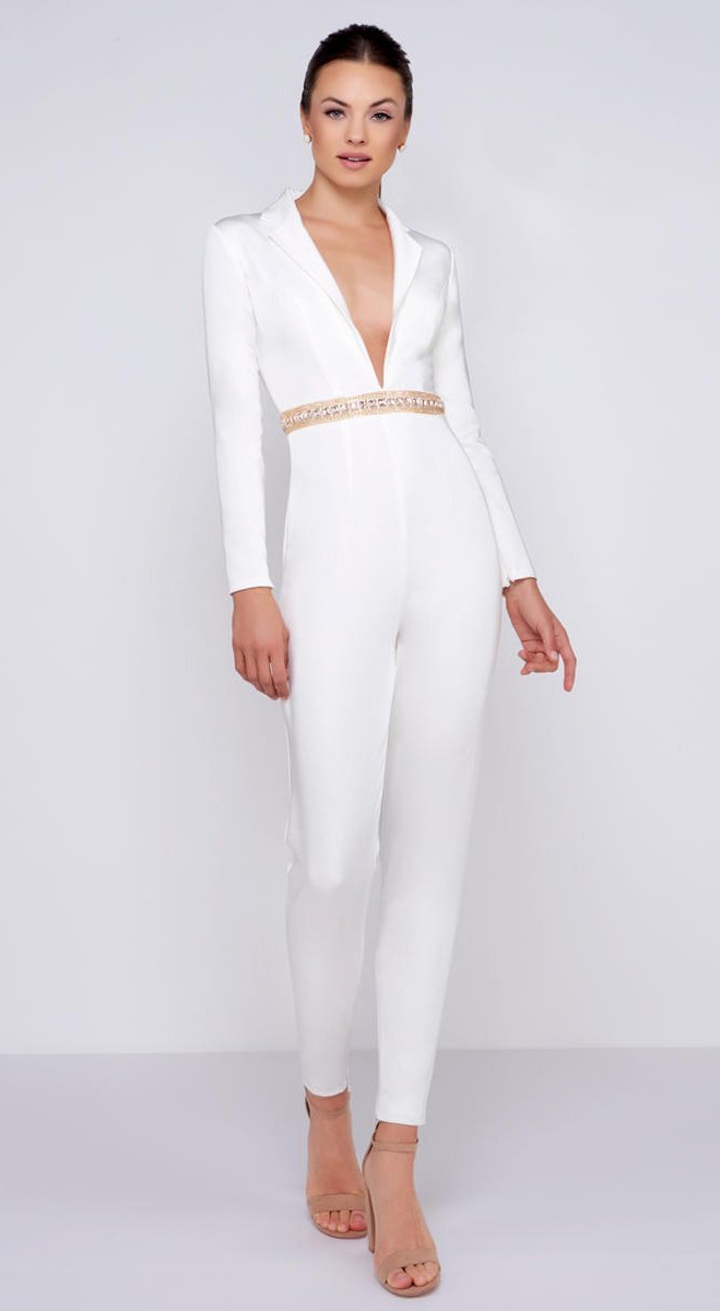 Ieena Duggal - Long Sleeve Plunging V-Neck Fitted Jumpsuit 26071I In White