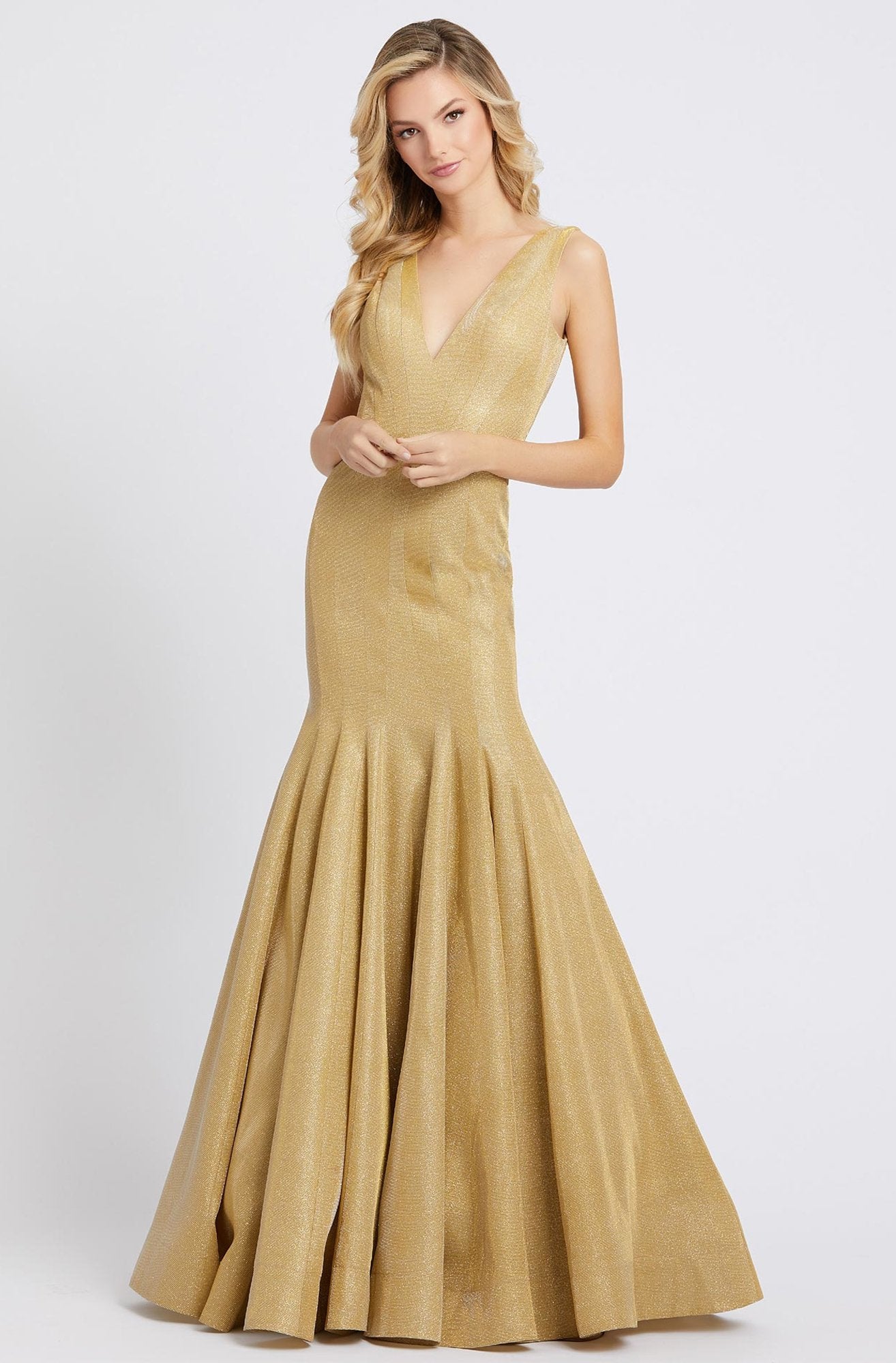 Ieena Duggal - 26074I Plunging V-Neck Gold Mermaid Gown in Gold