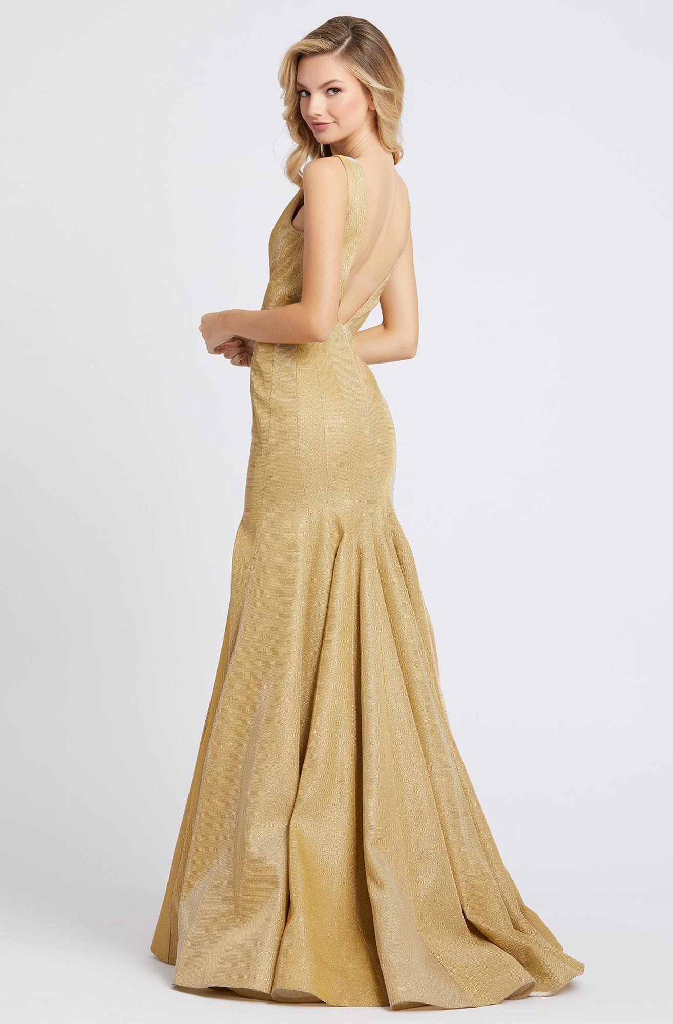 Ieena Duggal - 26074I Plunging V-Neck Gold Mermaid Gown in Gold