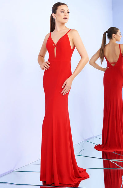 Ieena Duggal - 26094I Sleek V-neck Trumpet Dress With Train In Red