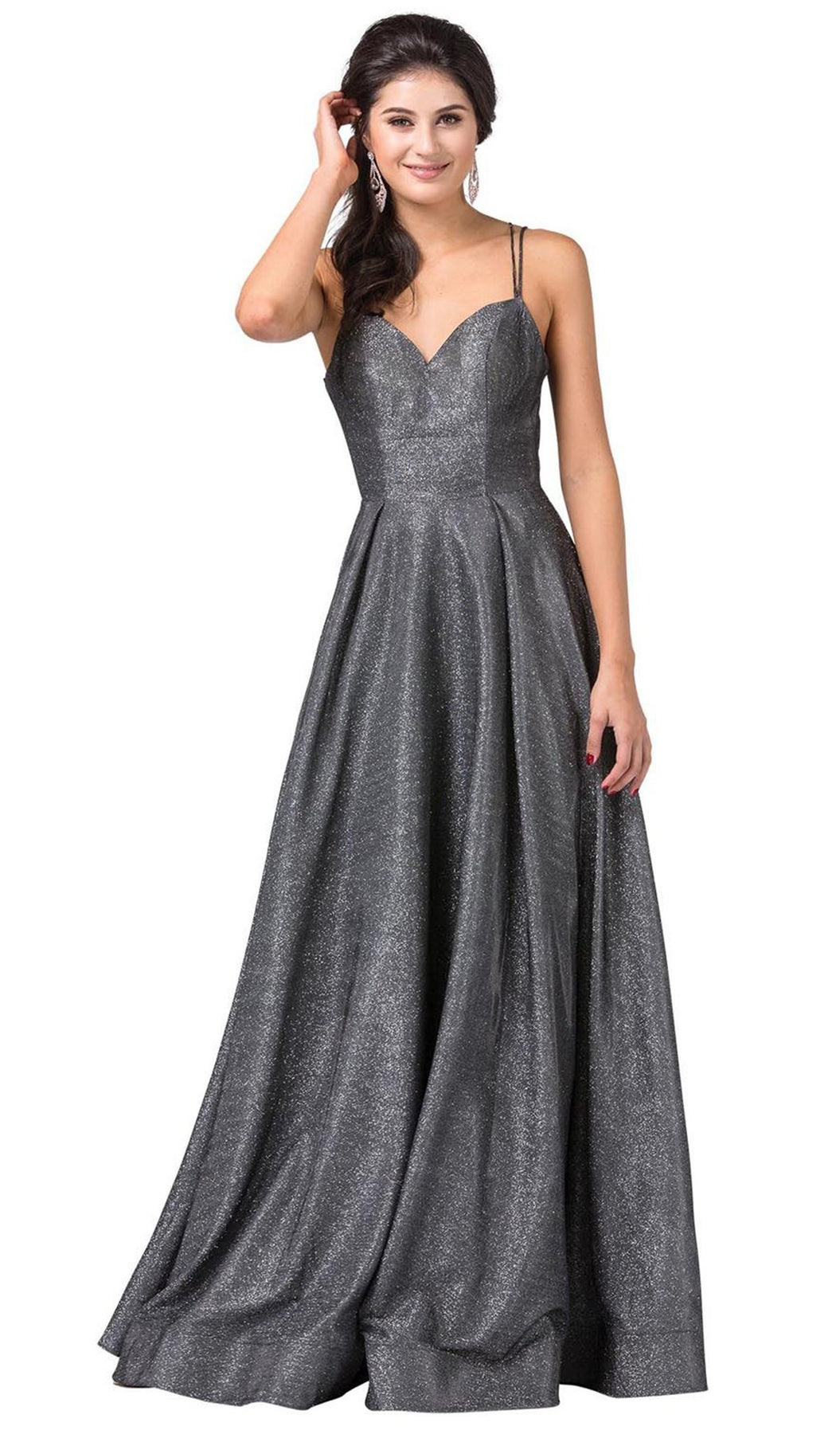Dancing Queen - 2611 Sweetheart Lace Up Back Metallic Jersey Gown In Gray and Silver