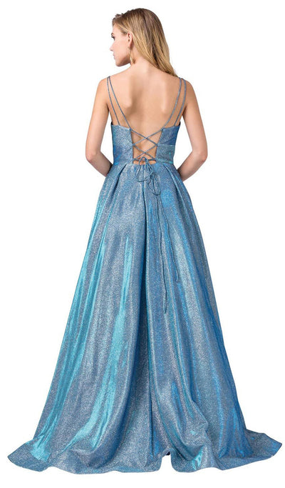 Dancing Queen - 2611 Sweetheart Lace Up Back Metallic Jersey Gown In Blue