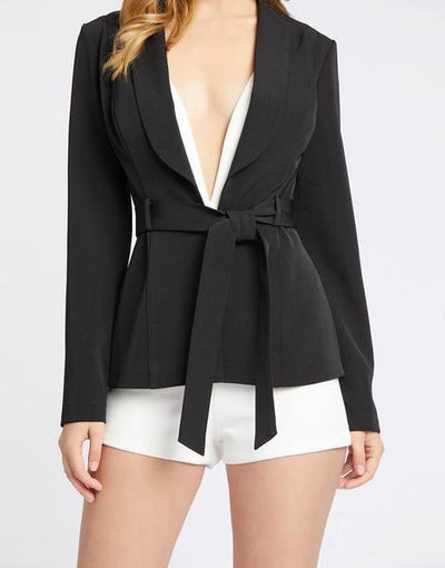 Ieena Duggal - 26142I Deep V-neck Romper With Blazer In Black and White
