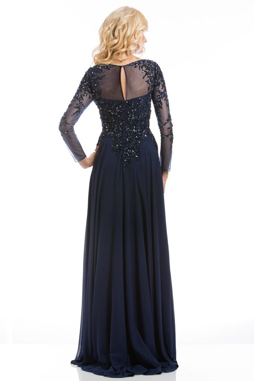 Feriani Couture -  Long Sleeve Beaded Illusion A-Line Evening Gown 26145 in Blue