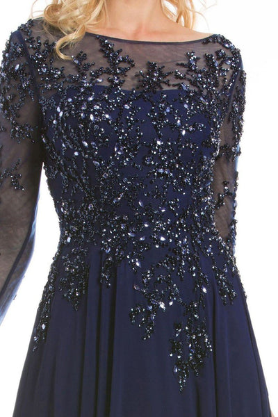 Feriani Couture -  Long Sleeve Beaded Illusion A-Line Evening Gown 26145 in Blue