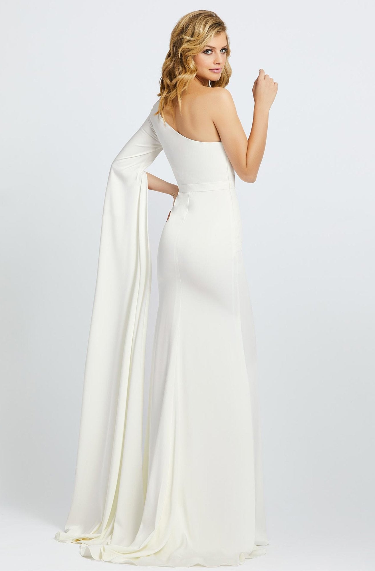 Ieena Duggal - 26157I One Shoulder Trumpet Dress With Train In White