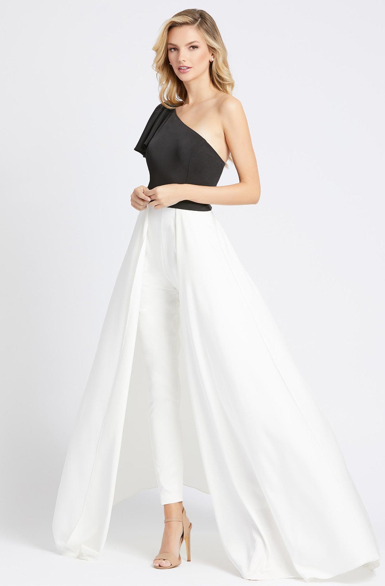 Ieena Duggal - 26191I Two Tone Asymmetric Jumpsuit With Overskirt In Black and White