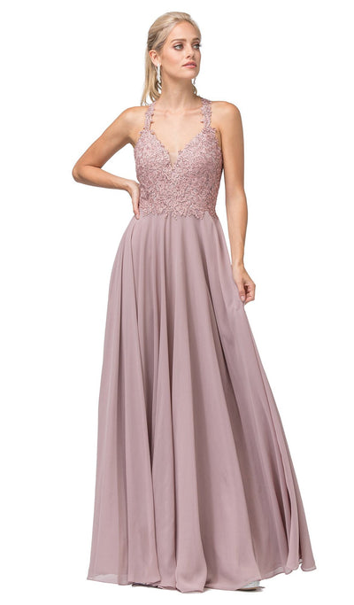Dancing Queen - 2621 Embroidered Deep V-neck A-line Gown In Brown