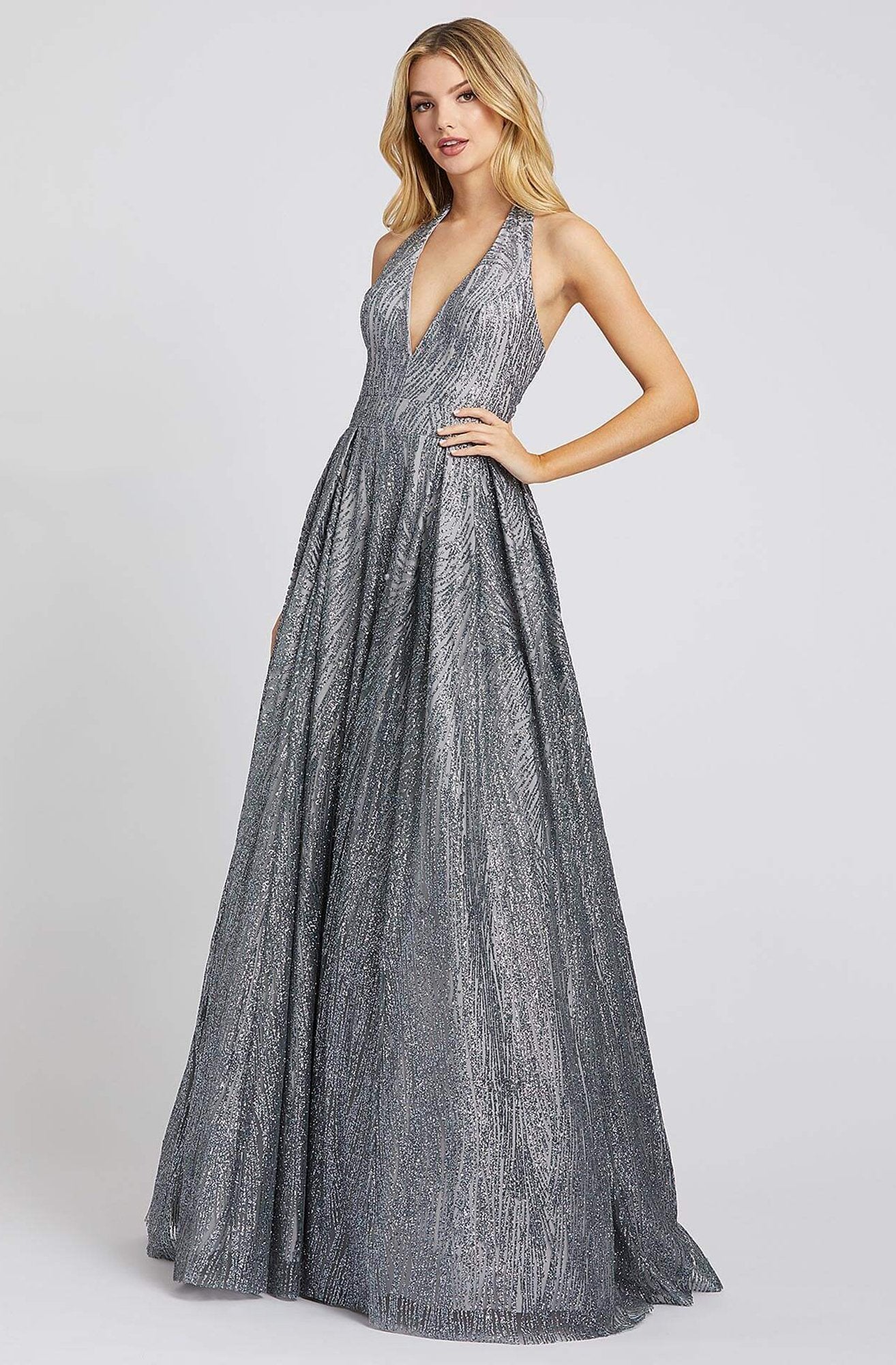 Ieena Duggal - 26228I Glitter Tulle Plunging Halter Long Gown In Silver and Gray
