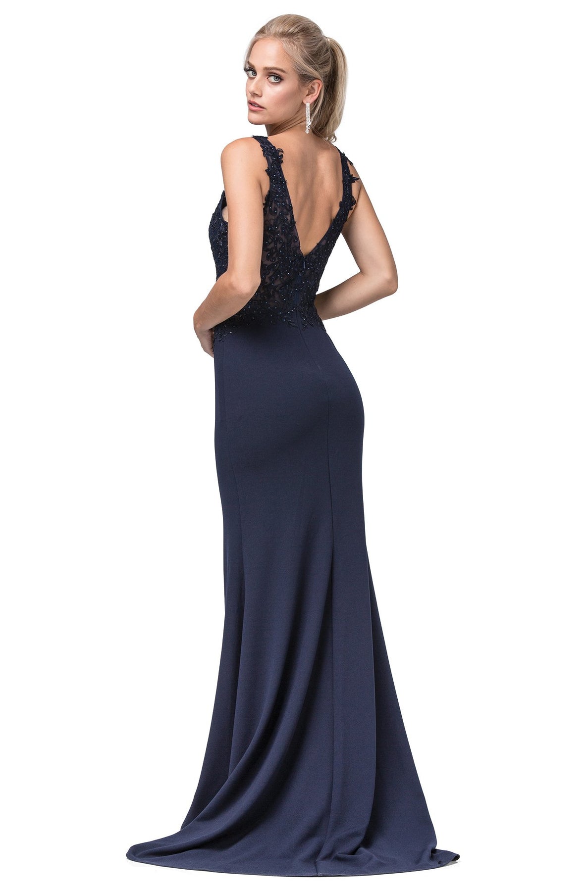 Dancing Queen - 2622 Embroidered V-Neck Dress with Slit In Blue