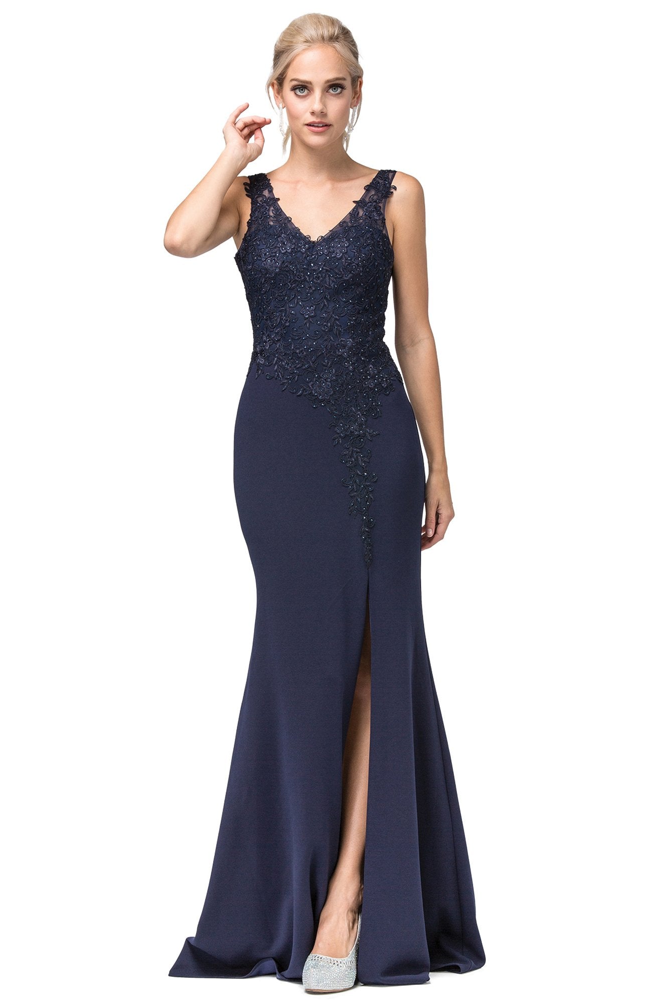 Dancing Queen - 2622 Embroidered V-Neck Dress with Slit In Blue