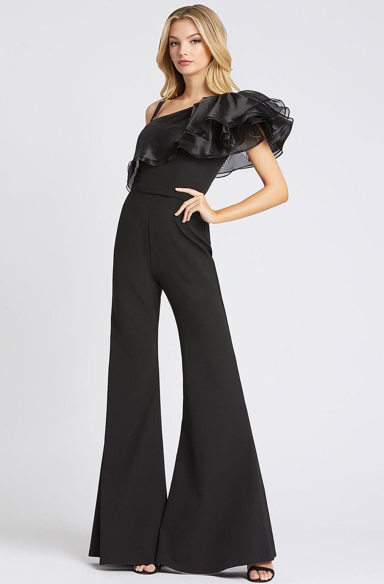 Ieena Duggal - 26314I Tiered Ruffle One Shoulder Bell Bottom Jumpsuit In Black