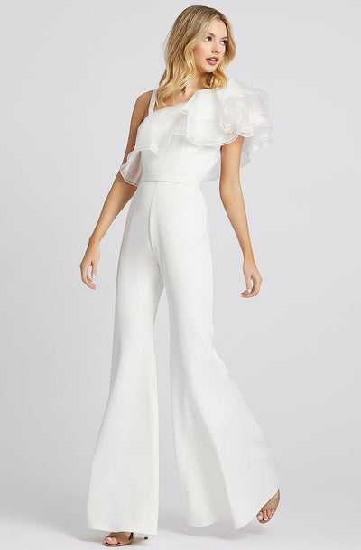 Ieena Duggal - 26314I Tiered Ruffle One Shoulder Bell Bottom Jumpsuit In White