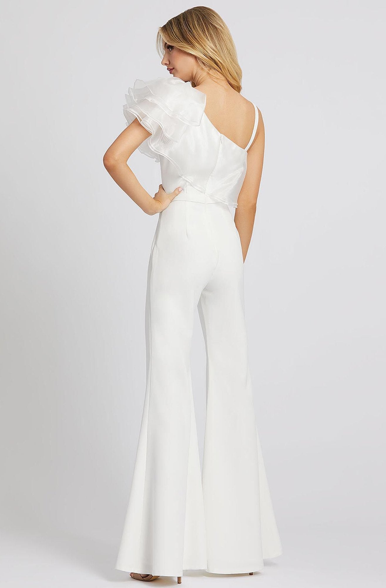 Ieena Duggal - 26314I Tiered Ruffle One Shoulder Bell Bottom Jumpsuit In White