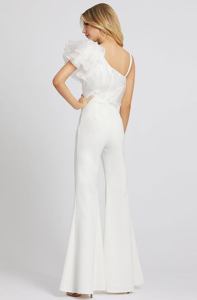 Ieena Duggal - 26314I Tiered Ruffle One Shoulder Bell Bottom Jumpsuit In White