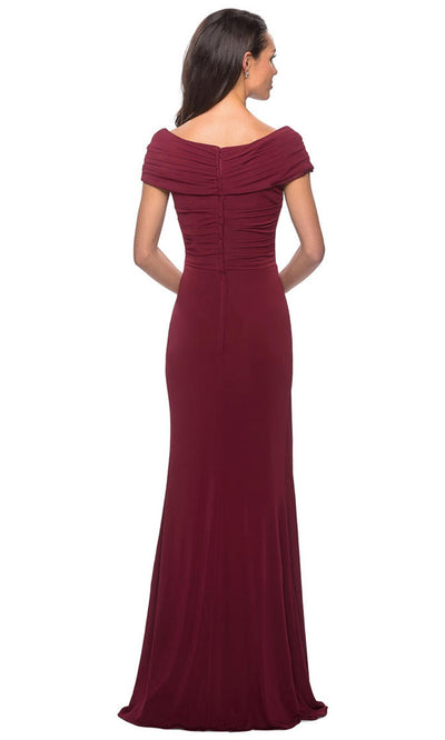 La Femme - Off Shoulder Wrap Bodice Long Sheath Jersey Dress 26519SC In Red