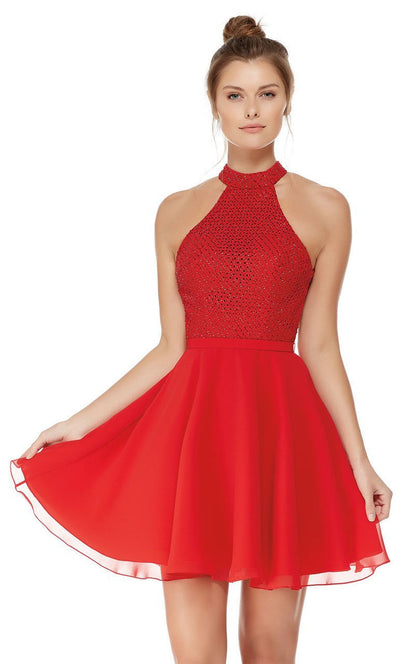 Diamond Lace Halter Top Chiffon A Line Party Dress in Red