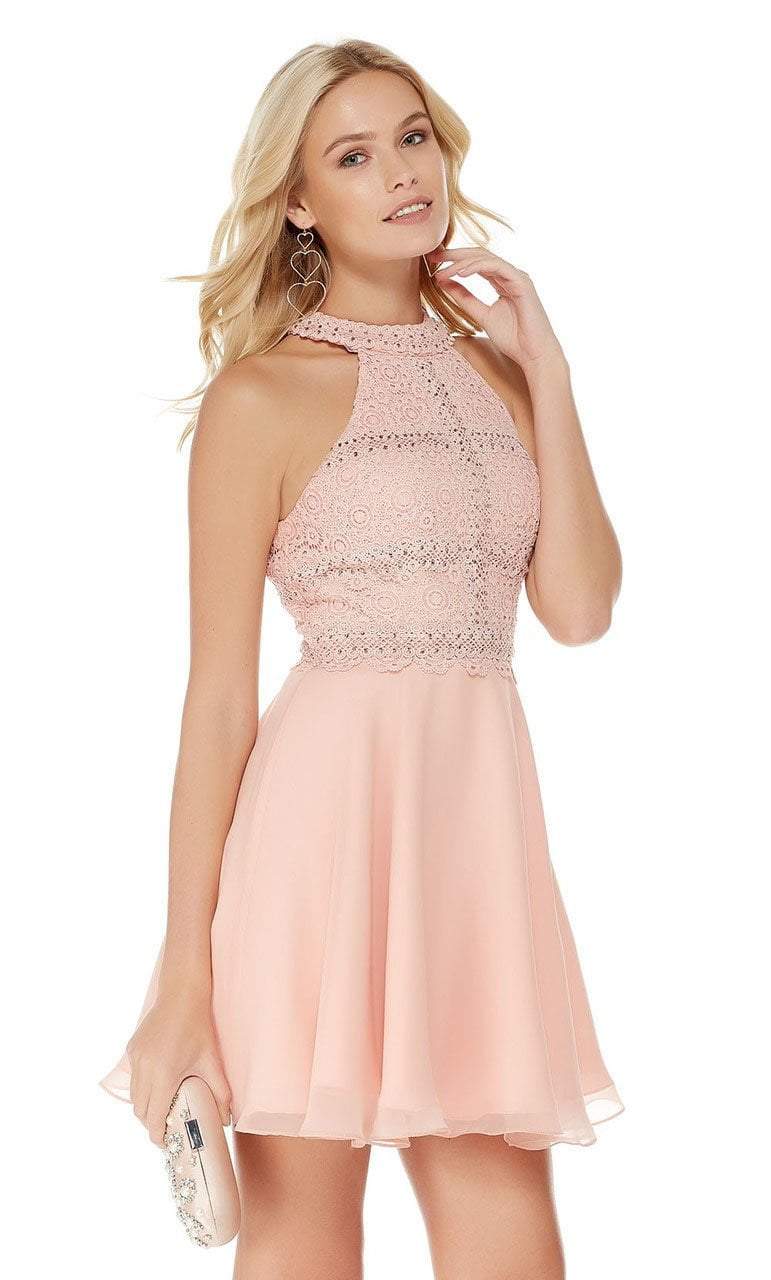 Braided Lace Halter Top Chiffon Cocktail Dress in Pink and Neutral