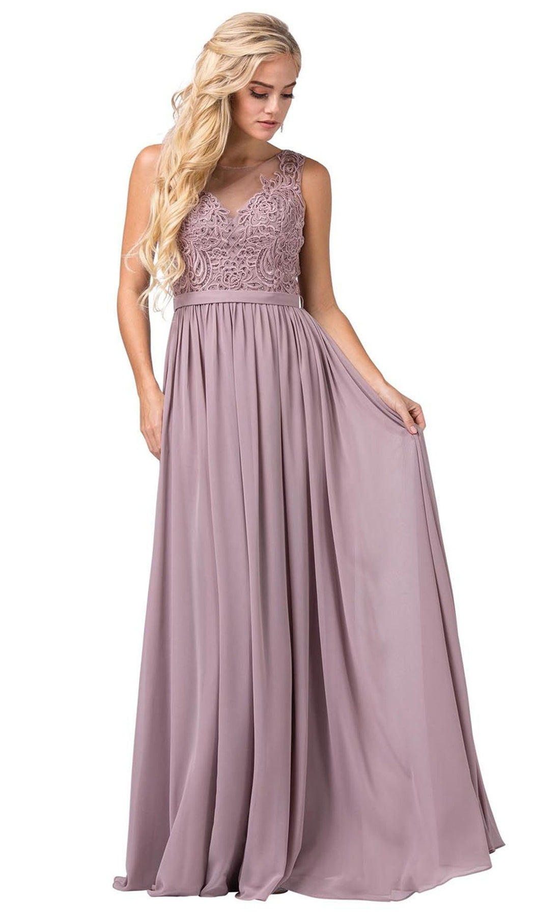 Dancing Queen - 2677 Illusion Neckline Beaded Lace Bodice Chiffon Gown In Brown