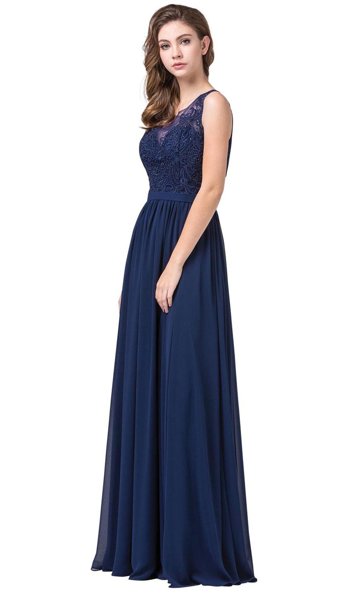 Dancing Queen - 2677 Illusion Neckline Beaded Lace Bodice Chiffon Gown In Blue