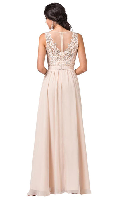 Dancing Queen - 2677 Illusion Neckline Beaded Lace Bodice Chiffon Gown In Neutral