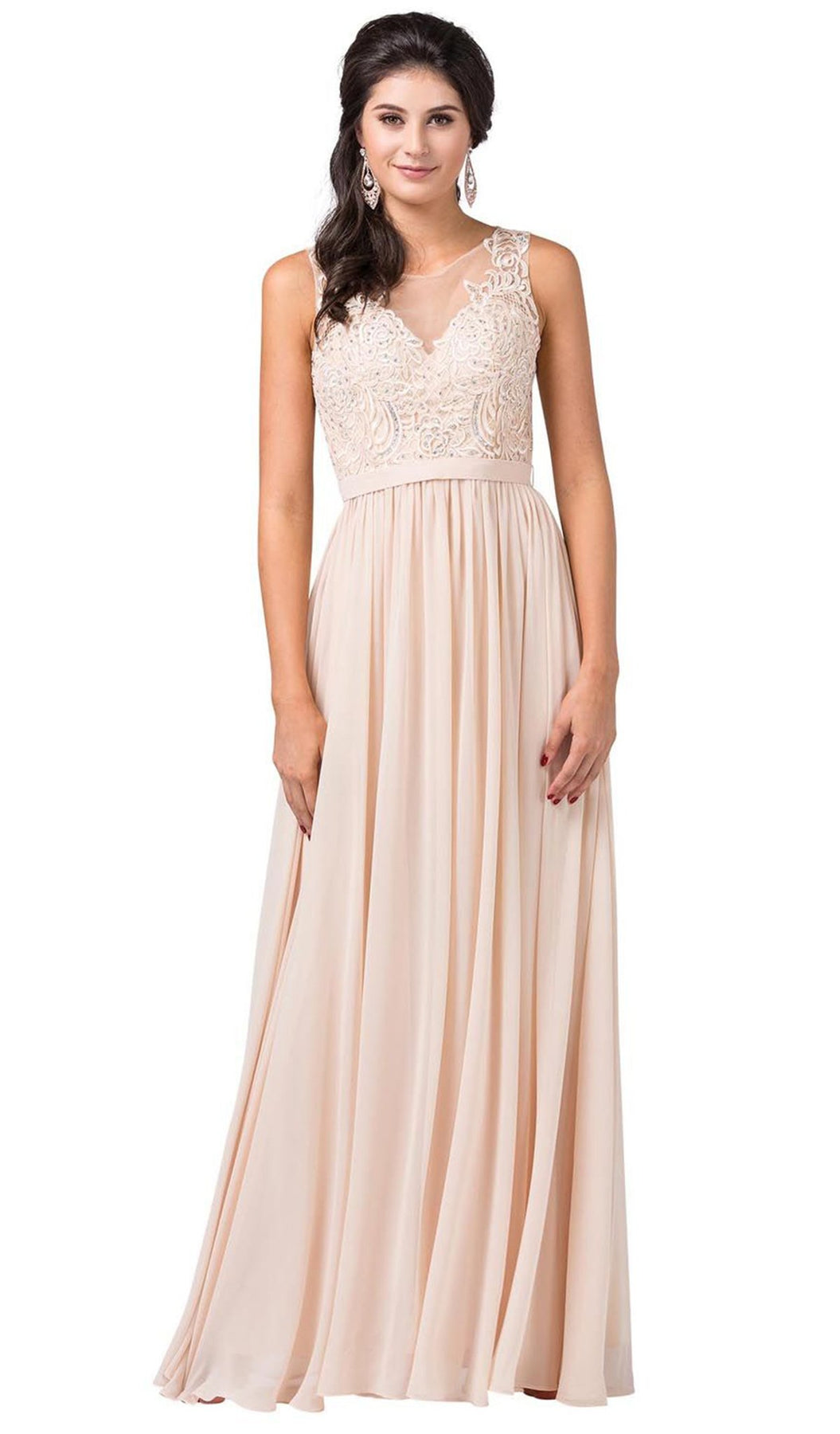 Dancing Queen - 2677 Illusion Neckline Beaded Lace Bodice Chiffon Gown In Neutral