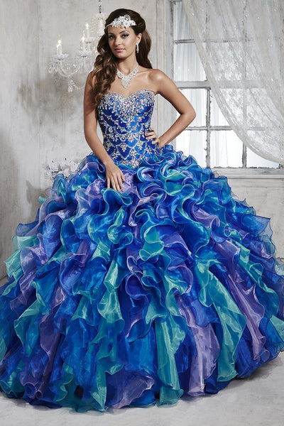 Quinceanera Collection - 26788 Fully Beaded Sweetheart Ruffle Ballgown Special Occasion Dress 0 / Royal/Lavender/Turquoise