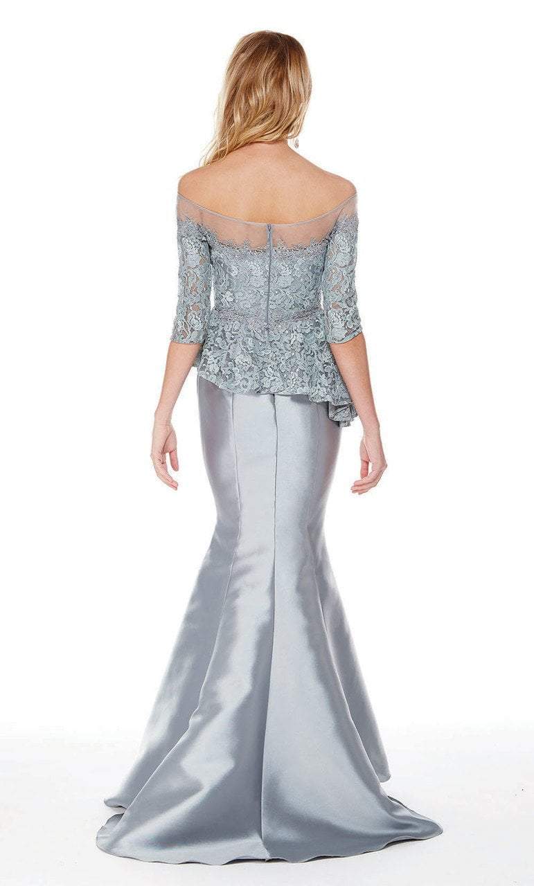 Lace Illusion Off-Shoulder Mikado Trumpet Dress in Gray