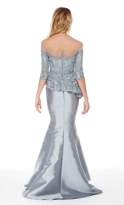 Lace Illusion Off-Shoulder Mikado Trumpet Dress in Gray