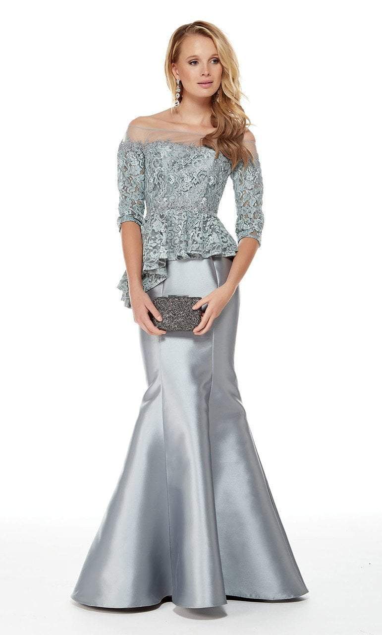 Lace Illusion Off-Shoulder Mikado Trumpet Dress in Gray