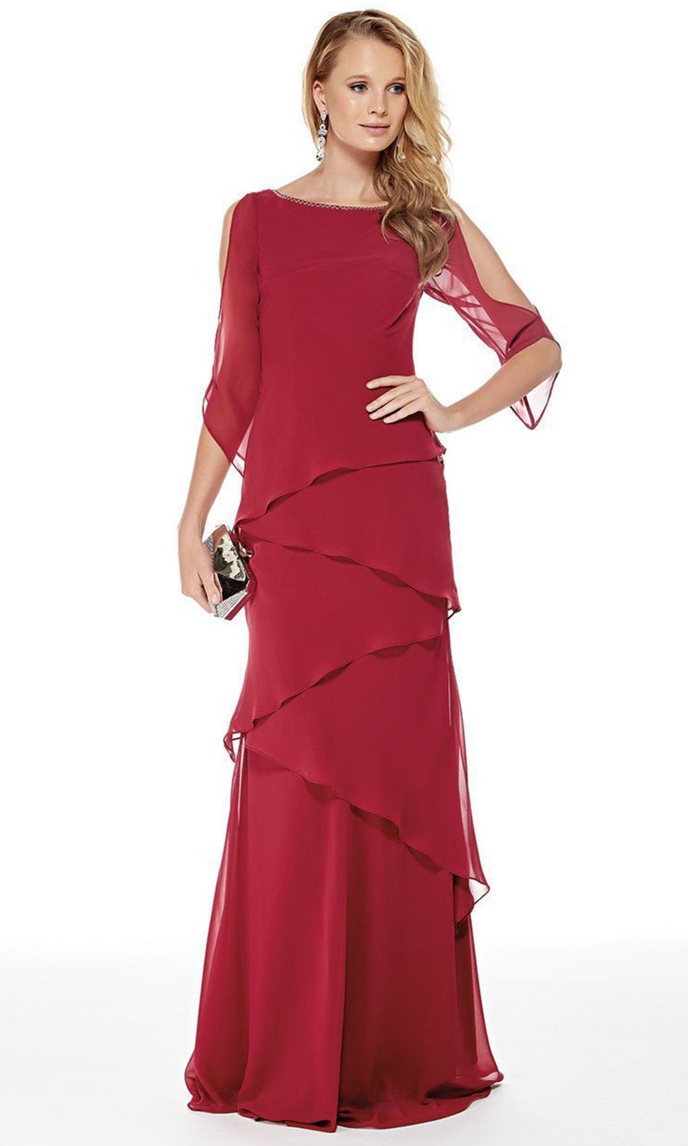 Alyce Paris - Alyce Paris - Bateau Neck Tiered Chiffon Trumpet Dress 27046SC In Red