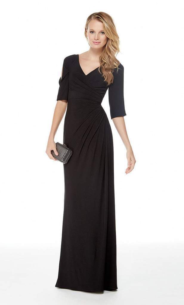Alyce Paris - 27054 Faux Surplice Style Long Jersey Sheath Dress In Black
