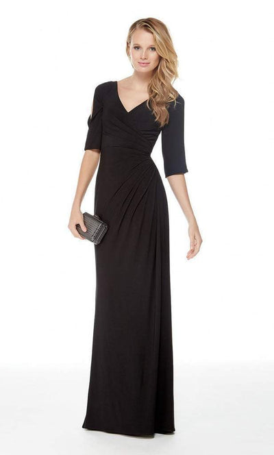 Alyce Paris - 27054 Faux Surplice Style Long Jersey Sheath Dress In Black