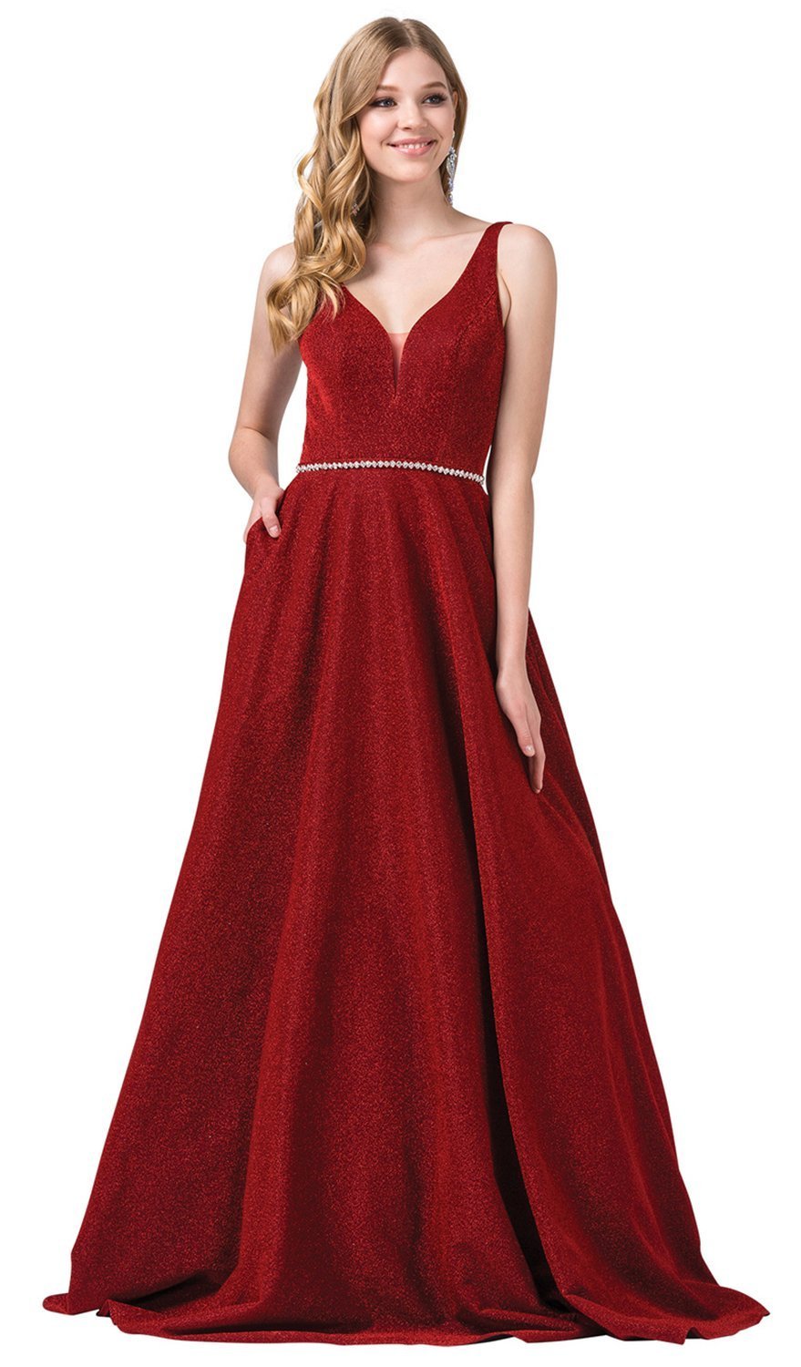 Dancing Queen - 2706 Deep V-neck A-line Gown in Red