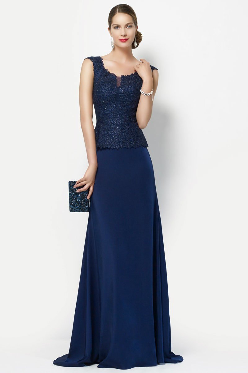 Alyce Paris Cap Sleeve Jeweled Lace Crepe Gown 27105 in Blue