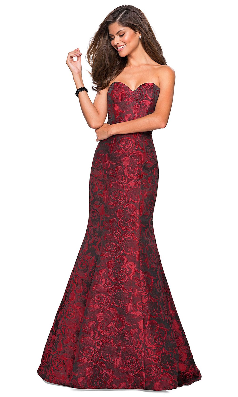 La Femme - Strapless Sweetheart Jacquard Trumpet Evening Dress 27149SC In Red