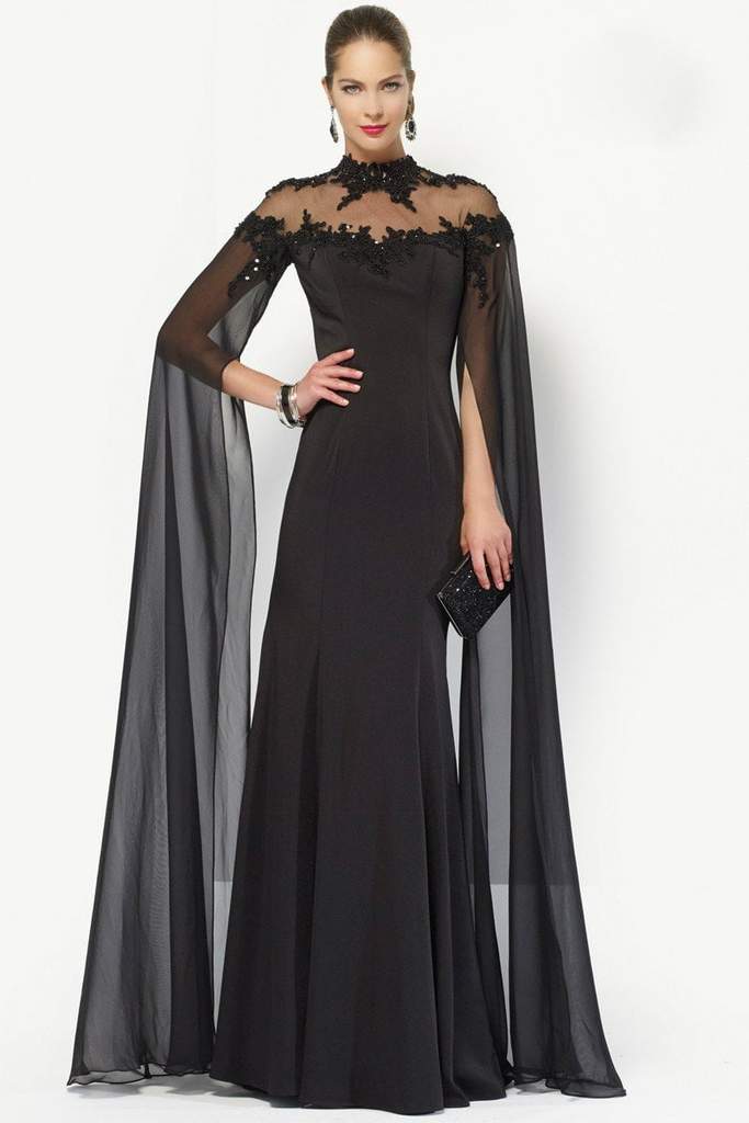 Alyce Paris - 27173 lace Applique Chiffon Gown with Long Flowy Sleeves In Black