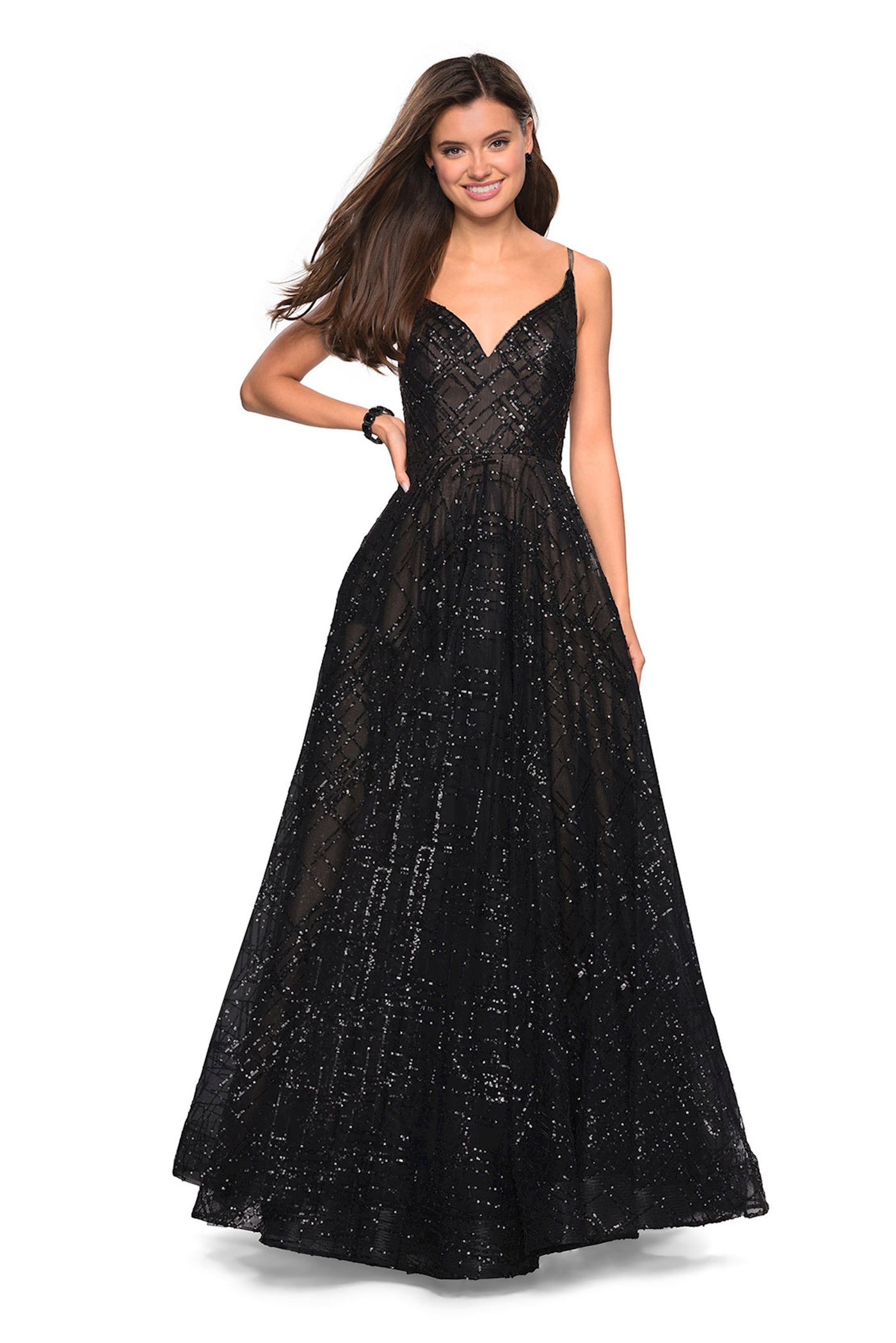 La Femme - Sparkling Sequin Sleeveless A-Line Dress 27199 In Black